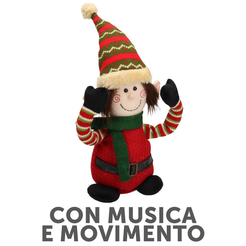 Pupazzo Tessuto Elfo Rosso con Musica e Movimento 12x12x40 cm