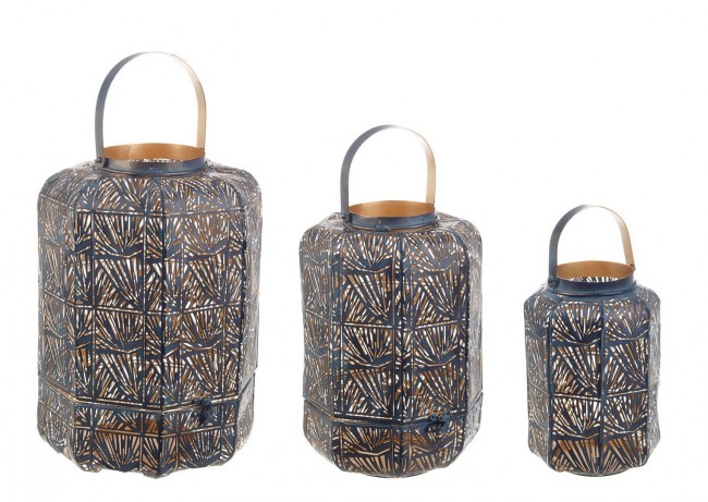 Set3 Lanterna Kaylie Bomb Blu-OroMetallo - Lanterne in Vetro con Maniglia - Dimensioni: G 26x38,5 cm, M 19,5x31 cm, P 14,5x23,5 cm