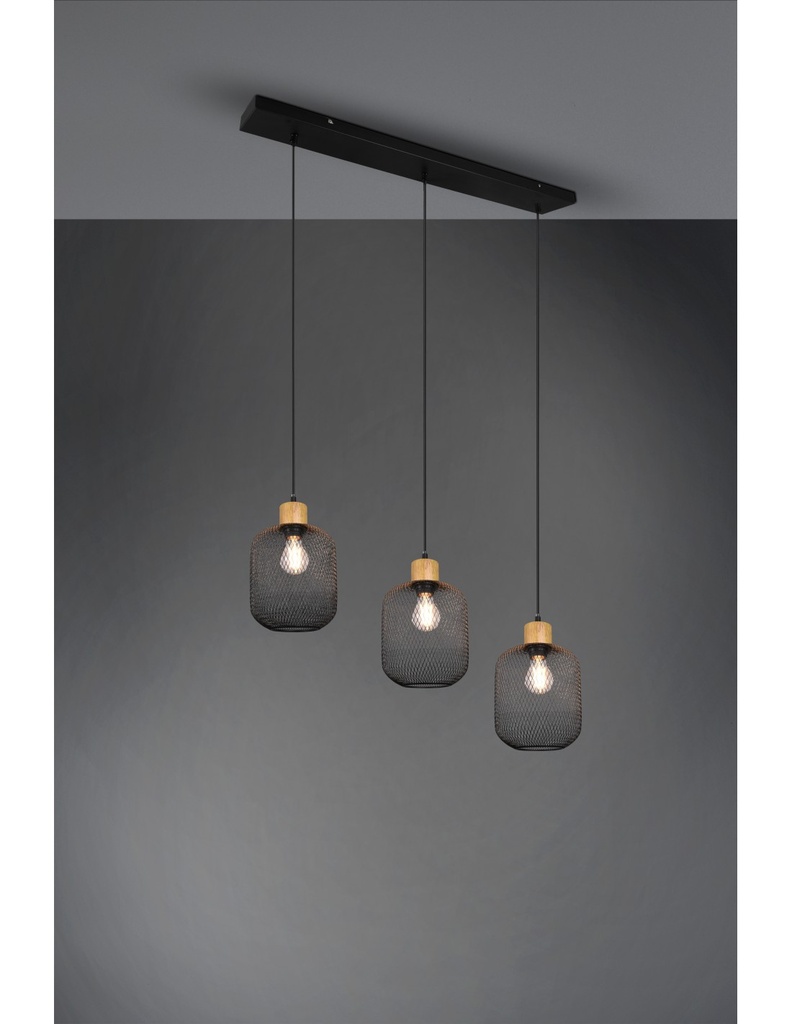 Sospensione Calimero 3xE27 Rete Metallo Nero L80 cm Trio Lighting