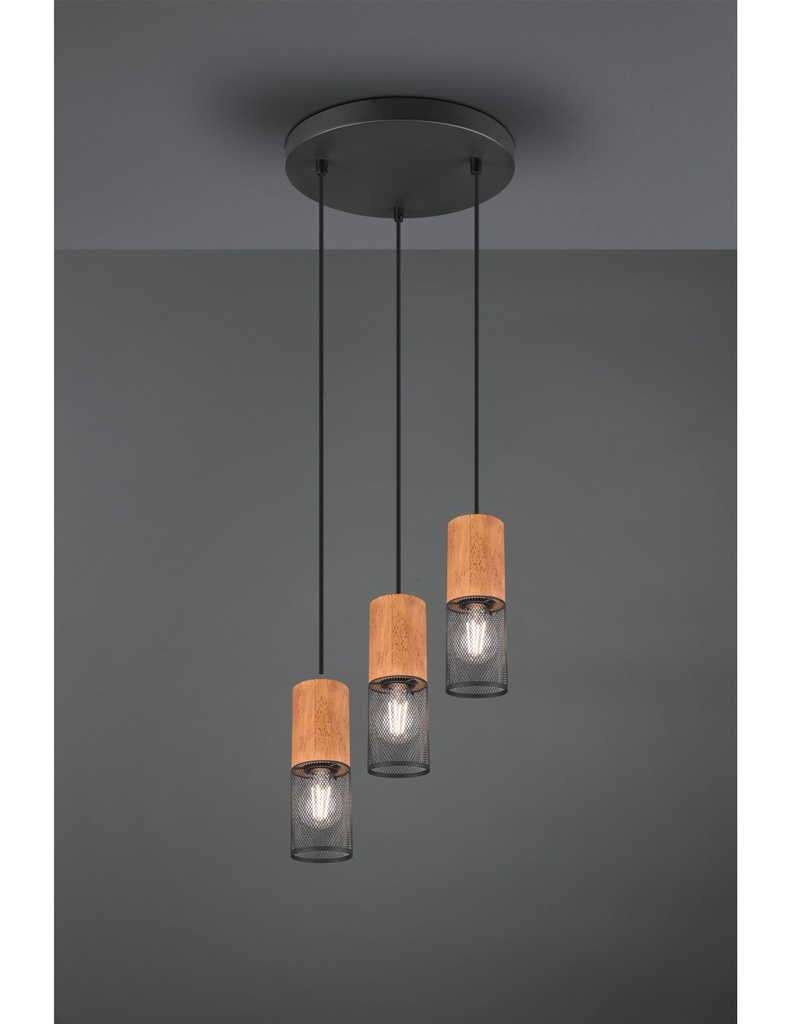 Sospensione Tosh Nero 3xE27 Legno E Gabbia Metallica Ø28 cm Trio Lighting