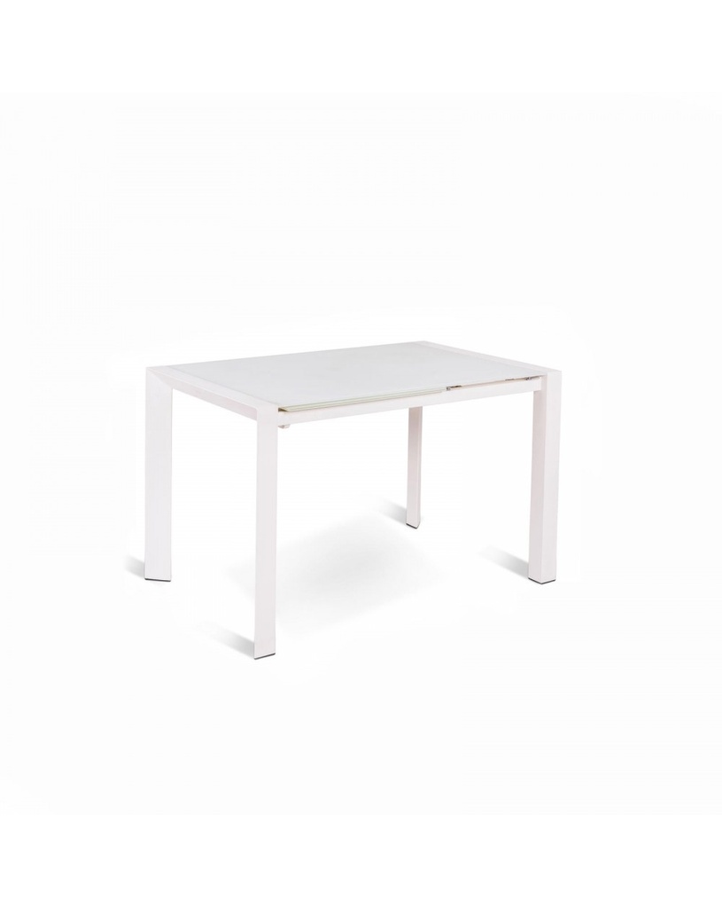 Tavolo allungabile in vetro temperato, bianco extrawhite, con gambe in metallo, 122-182 x 80 x 76 cm