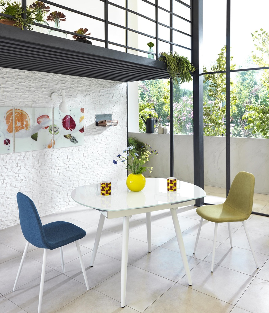 Tavolo allungabile con top in vetro temperato bianco, 120/180x90x76 cm