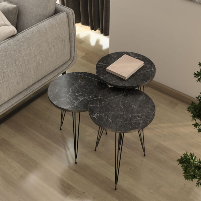 Tris tavolini da caffè Nisa 38 antracite con gambe metallo nero
