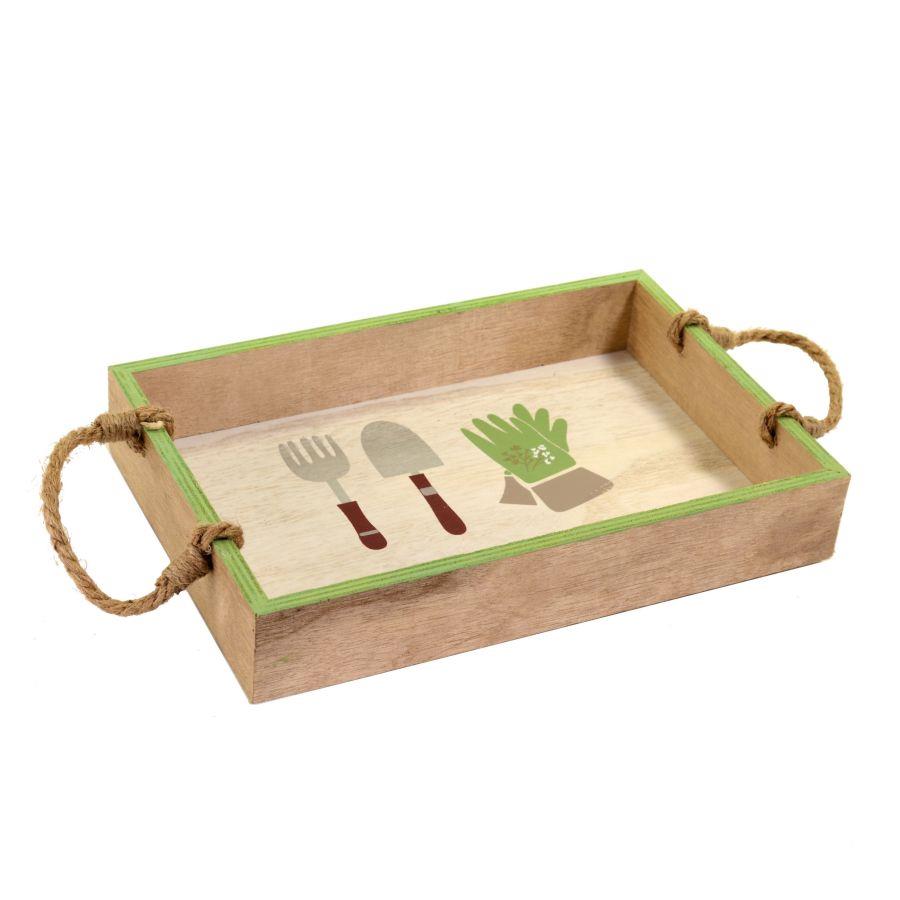 Vassoio in legno bianco e verde con manici in corda rettangolare 30x20x5 cm