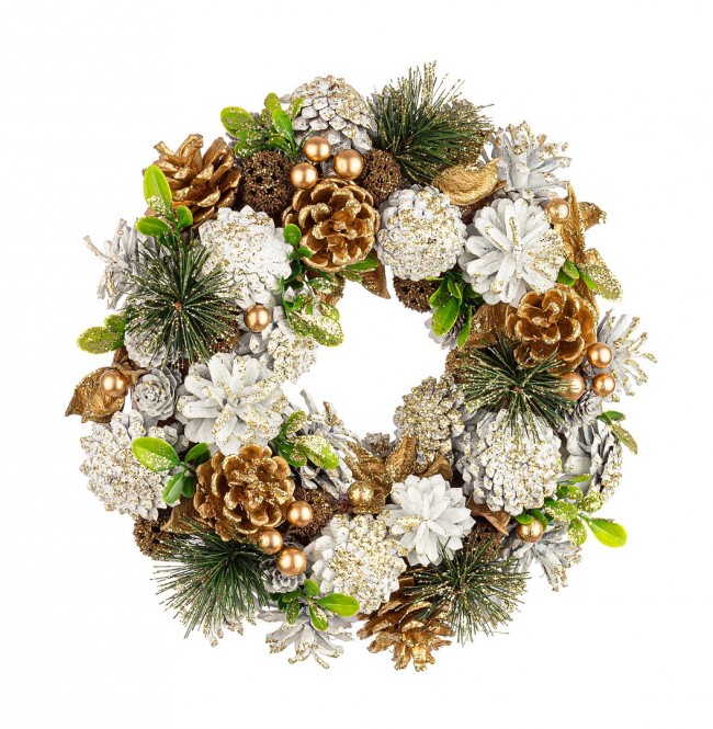 Corona Martha Bianco-Oro 2x Pigne Materiale Vegetale Pvc Pe D32