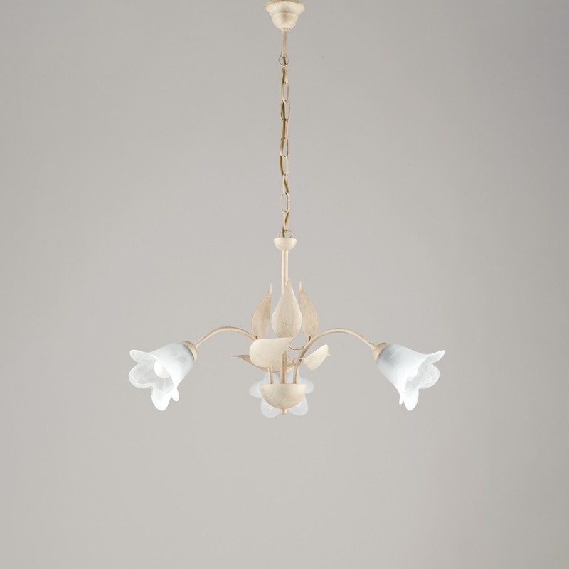 Lampadario in ferro Avorio Oro tre luci vetri Alabastro Bianchi 60x h43 cm