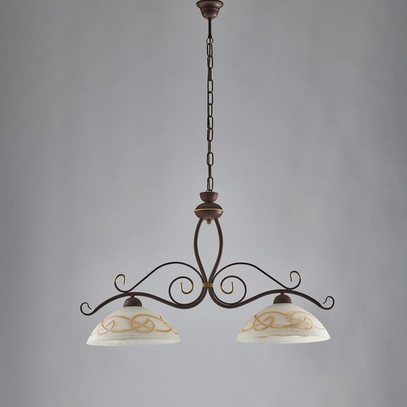 Lampadario lavorato in ferro nero ruggine rifinitura oro due luci 81x h50 cm