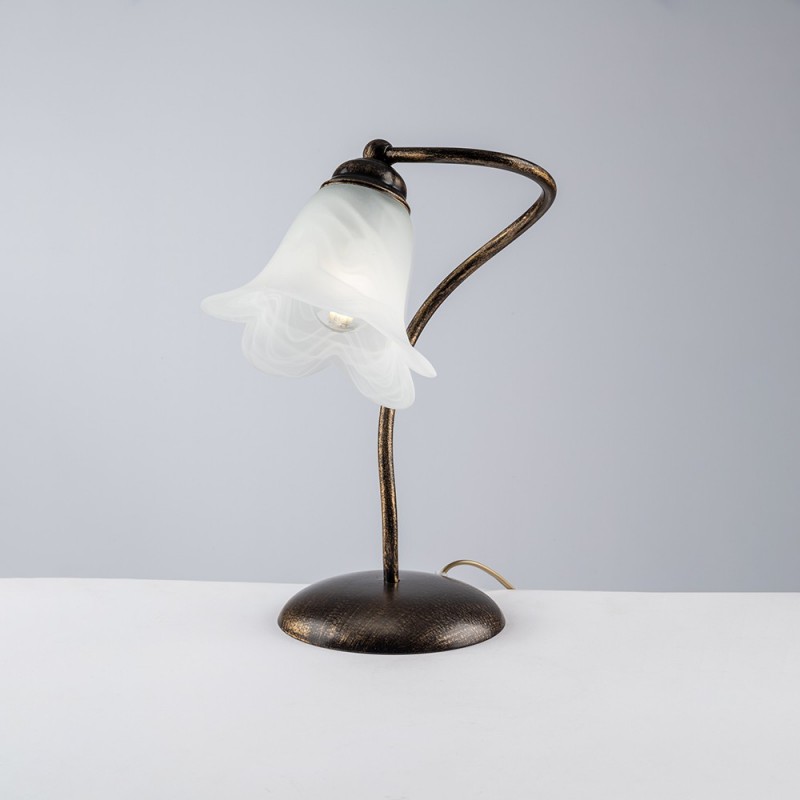 Lumetto in Ferro Marrone Oro Paralume Vetro Bianco 25x h31 cm