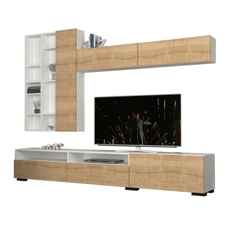 Parete Attrezzata Base 3 Ribalte Pensile 2 Ante Bianco Rovere 270x35xh.45 cm