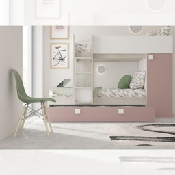 [S-FZ100301] Cameretta con letto a castello e letto estraibile con armadio integrato colore bianco consumato e rosa antico