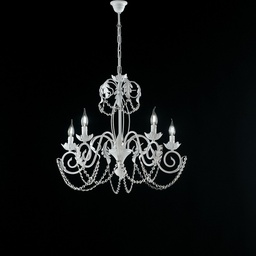 [S-BL77-5-BCO] Lampadario in ferro Bianco Shabby strass damasco cinque luci 63x h65 cm