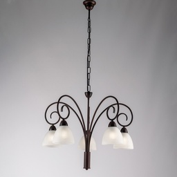 [S-BL241-5-RG] Lampadario in ferro Nero Ruggine paralumi in vetro  Bianco cinque luci 57x h50 cm