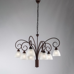 [S-BL241-8-RG] Lampadario in ferro Nero Ruggine paralumi in vetro Bianco otto luci 81x h58 cm