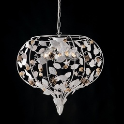 [S-BL196-5-BCO] Lampadario in ferro laccato bianco con decorazione shabby 5 luci e rifiniture avorio e tortora