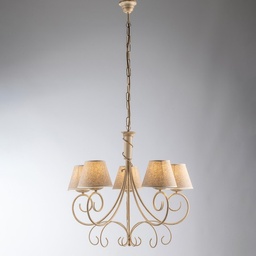 [S-BL258-5-AV] Lampadario vienna ferro Avorio Oro cinque luci paralumi  tessuto 60x h58 cm