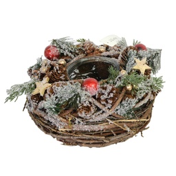 [S-V6327960000] Portacandele innevato con bacche rosse e pigne ø18x11 cm