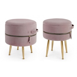 [S-B0720389] Set due pouf rosa con apertura, struttura in mdf e compensato, gambe in acciaio cromatura dorata, rivestimento in poliestere effetto velluto con cerniera decorativa, densità imbottitura 30kg/m3, gambe da assemblare, Ø34a - 45h cm, ø38.5a - 45h cm