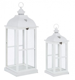 [S-B0140689] Set2 Lanterna Cross Cuore Qu Bianco - Metallo, Legno di Abete e Vetro - Dimensioni: 22,5x22,5x67,5 cm e 19,5x19,5x49,5 cm