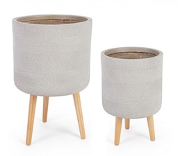 [S-B0790612] Set2 Vaso Rigo To Treppiede Beige - 2 Vasi da Esterno in Fibra di Argilla con Gambe in Legno