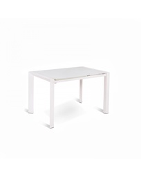 [S-OM/189/BI] Tavolo allungabile in vetro temperato, bianco extrawhite, con gambe in metallo, 122-182 x 80 x 76 cm