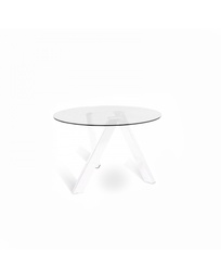 [S-OM/221/BI] Tavolo fisso in vetro temperato e metallo, 120x120x75 cm, con gambe bianche e top trasparente