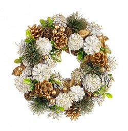 [SA-B0939073] Corona Martha Bianco-Oro 2x Pigne Materiale Vegetale Pvc Pe D32