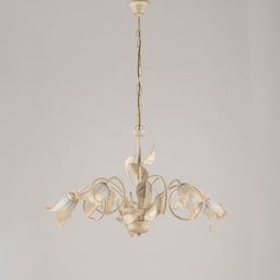 [SA-BL179-5-AV] Lampadario in ferro Avorio Oro Vetri Bianchi Ambra cinque luci 73x h43 cm